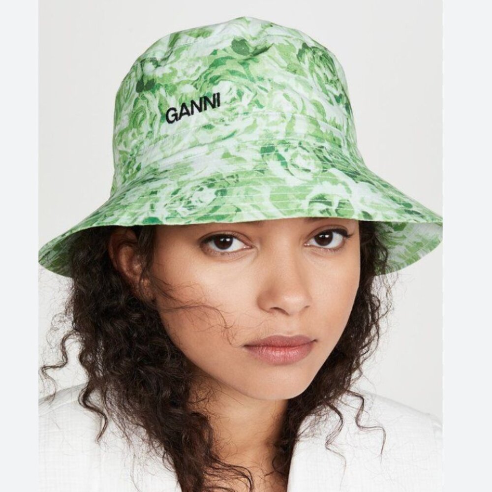 GANNI Leopard Animal Print / Green Floral Reversible Bucket Hat